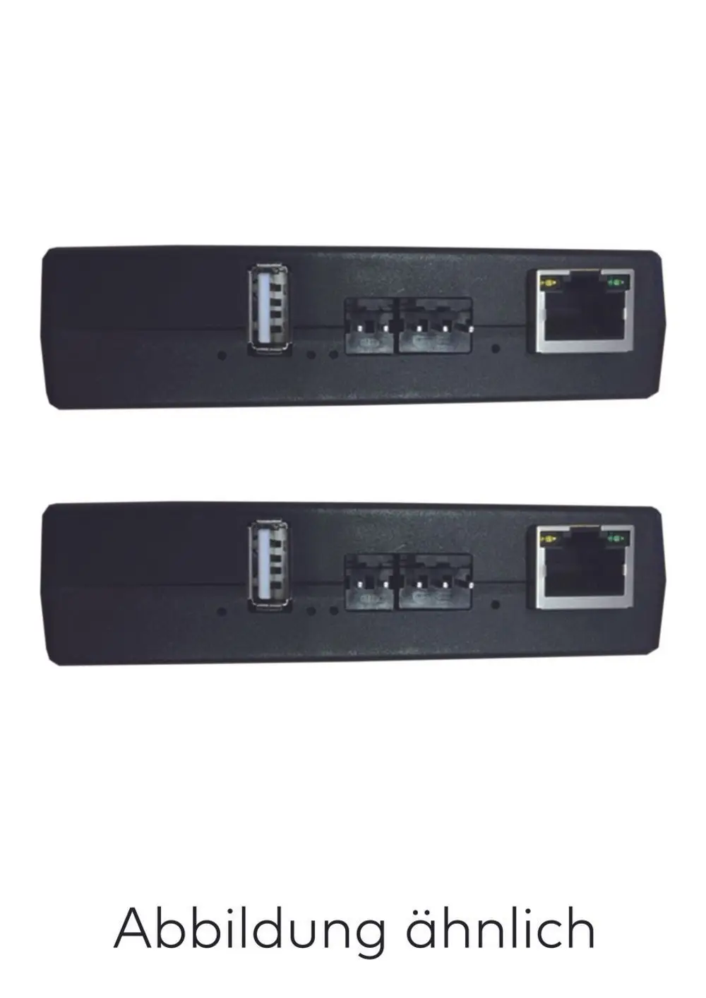 Zwei schwarze Geräte mit Anschlüssen für USB, WAN und Netzwerk, beschriftet. Sichtbare LED-Anzeigen zur Statusprüfung. Teile des Judo Connectivity-Moduls.
